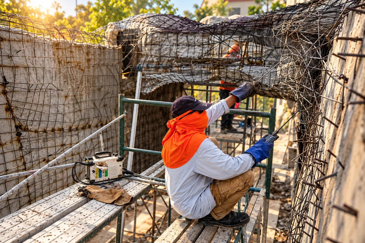 Craftsperson shaping rockwork reinforcement