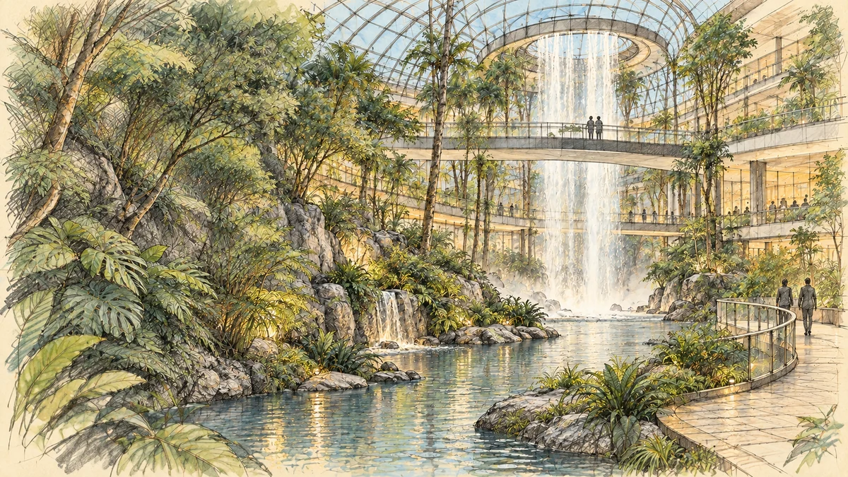 Architectural concept drawing of a botanical conservatory and waterfall