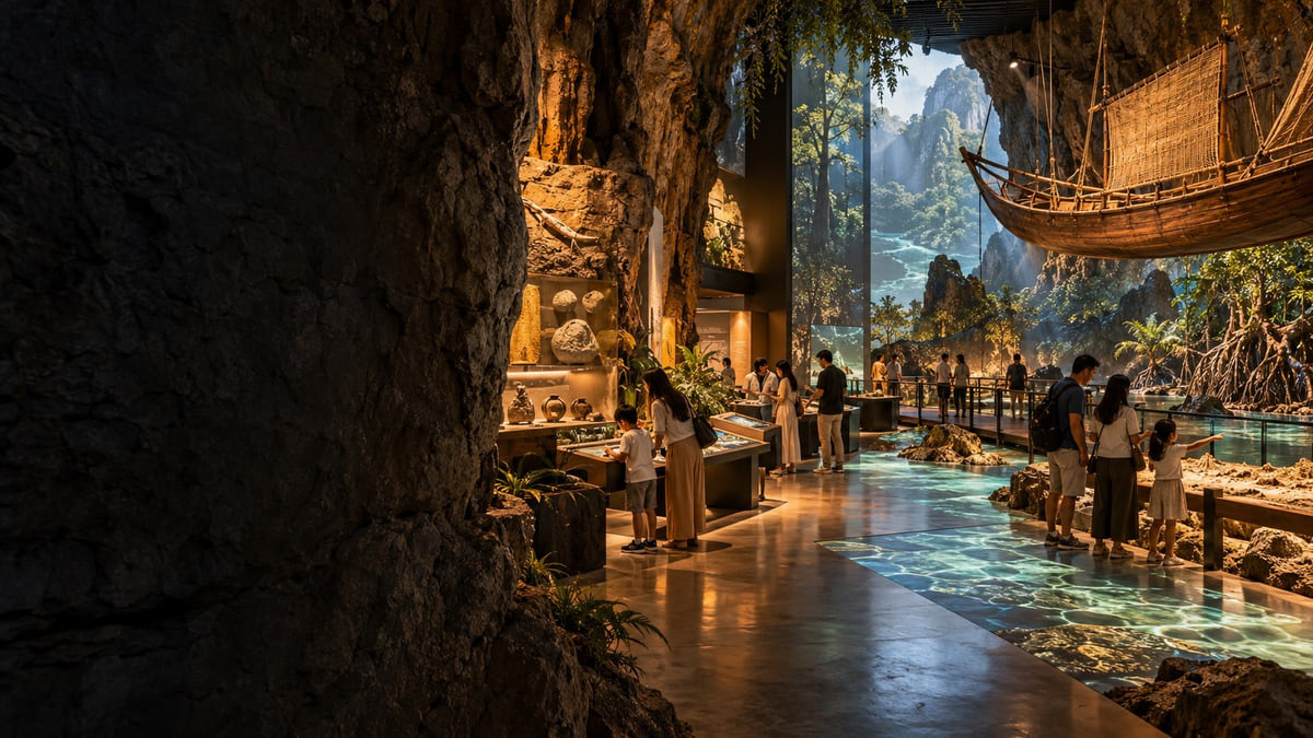 A cave-style museum with a wooden boat exhibit, river projections and visitors exploring