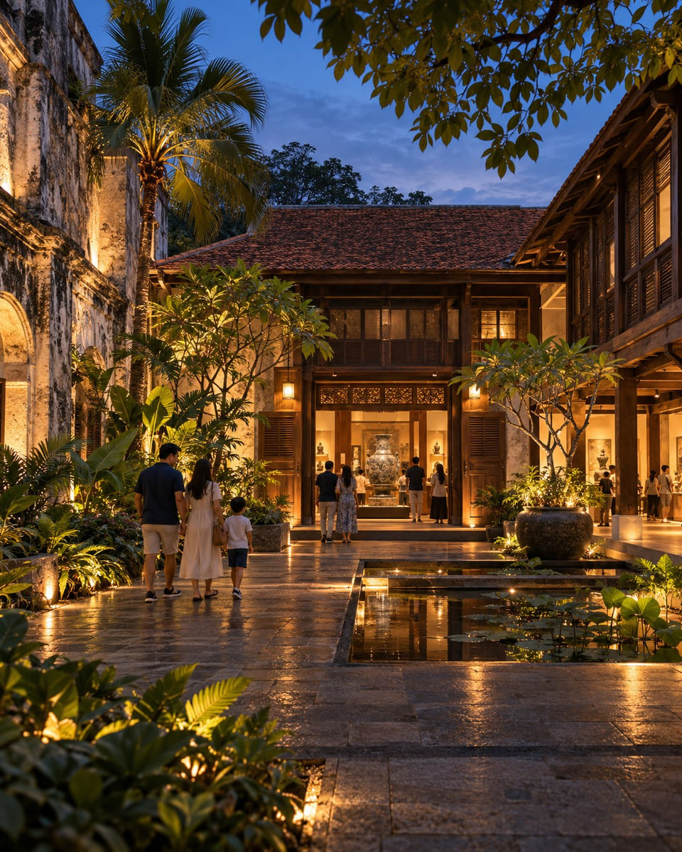 A revitalised heritage courtyard attraction with families exploring