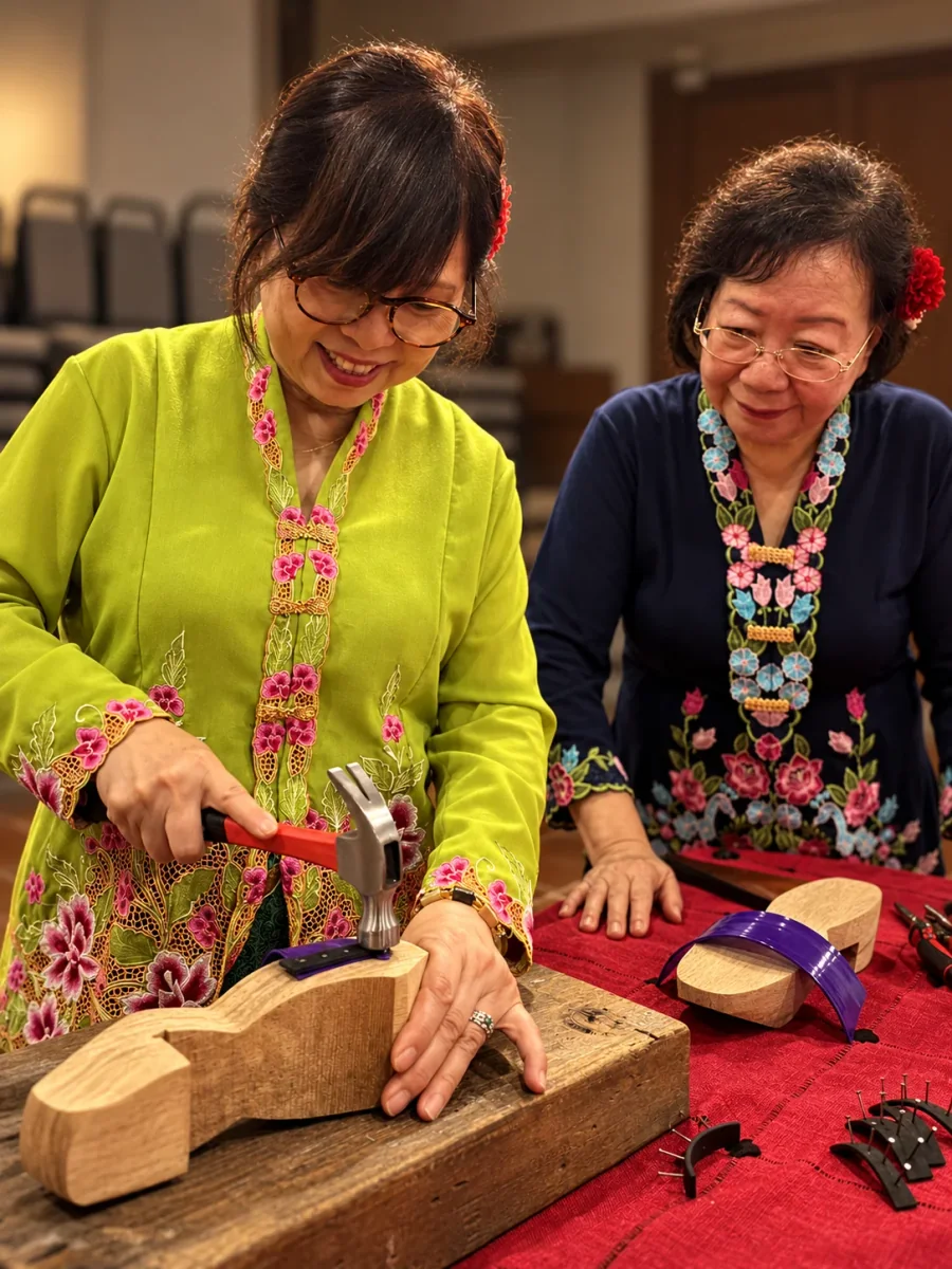 A facilitator helping visitors with a wooden clog workshop