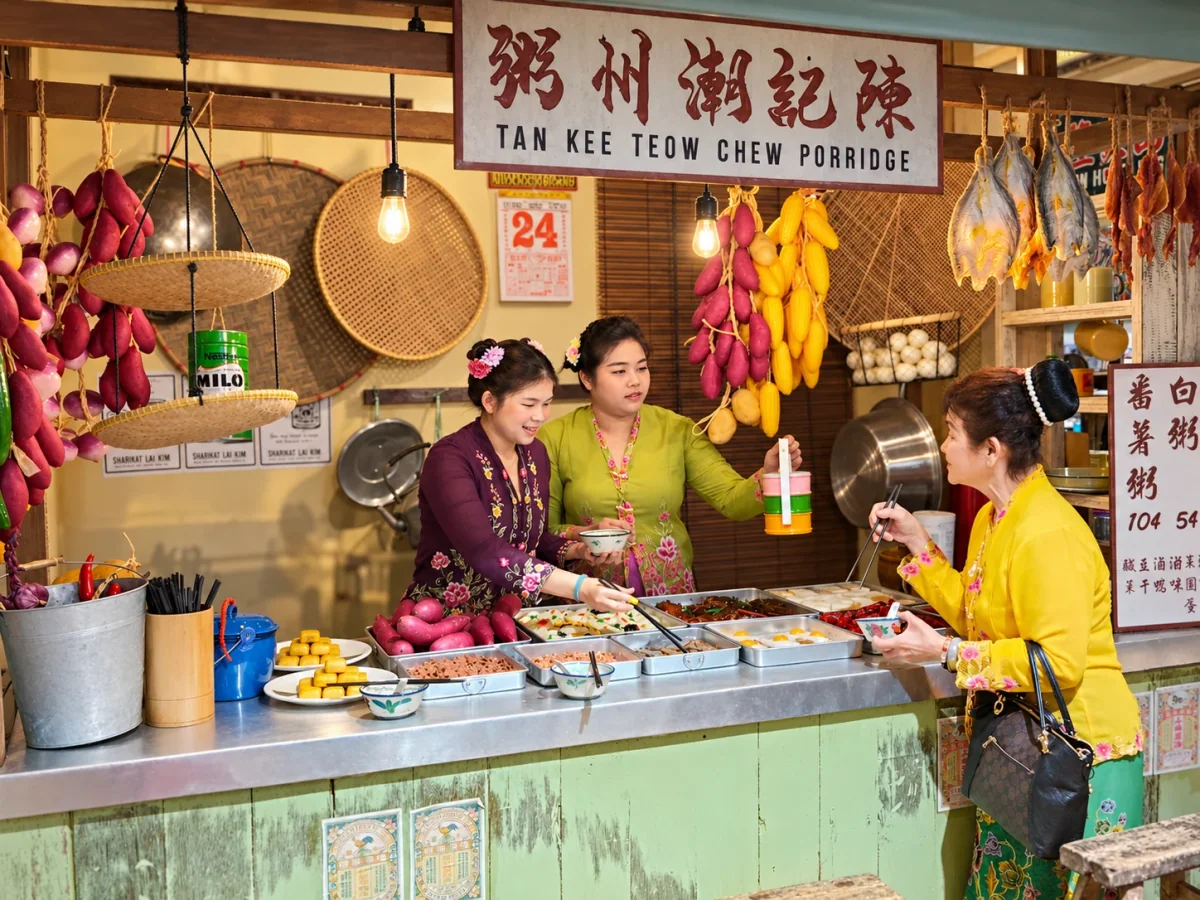 Visitors sharing a moment at a recreated Penang food stall