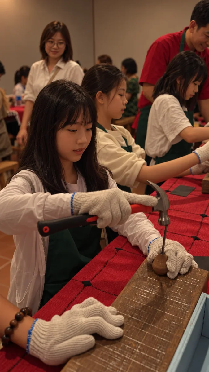 A visitor enjoying a gasing workshop