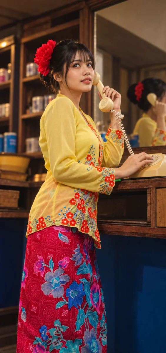 A visitor in kebaya at the vintage telephone