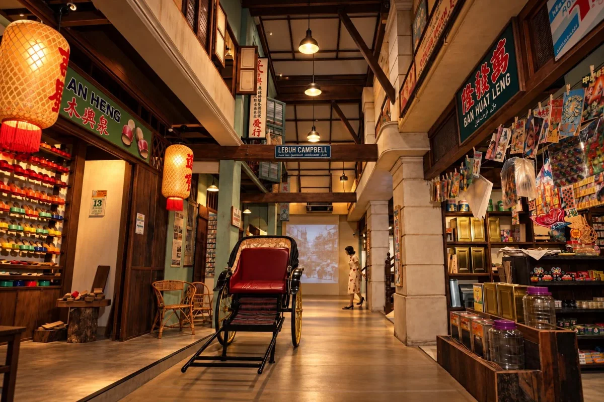 Recreated old Penang street with lanterns, a rickshaw and traditional shop signs