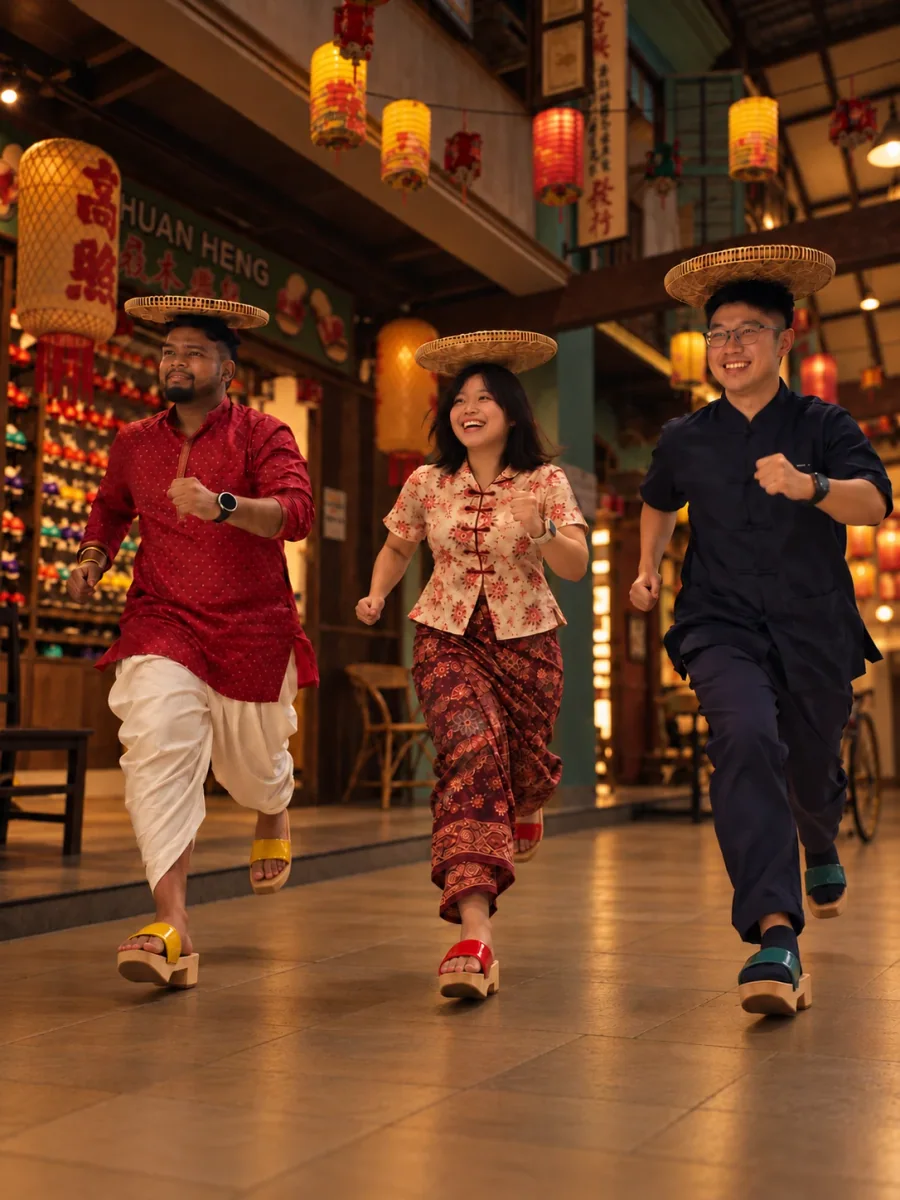 A traditional team challenge with rattan trays and wooden clogs